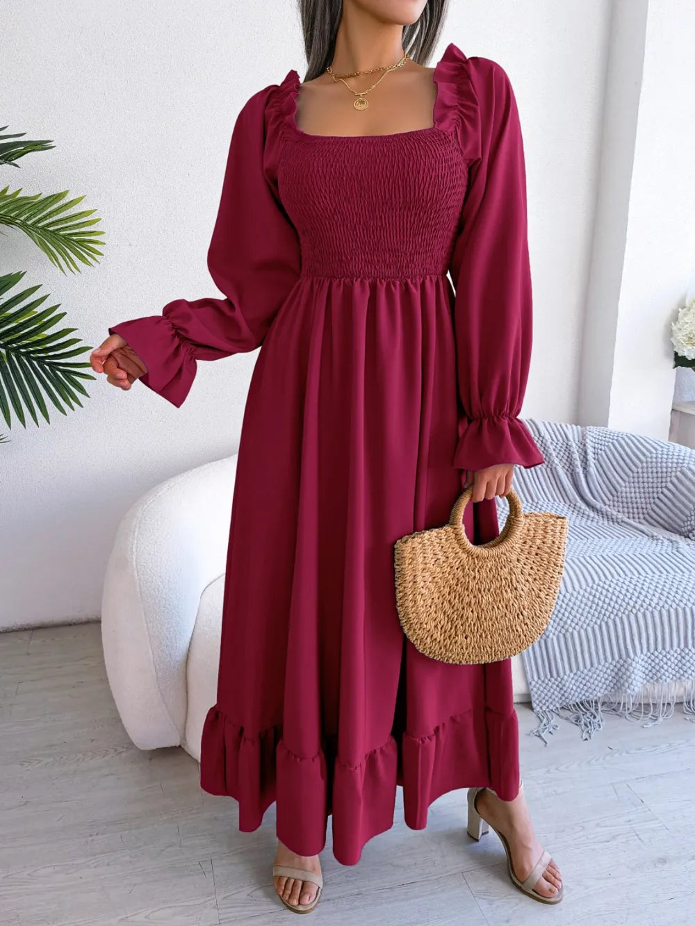 Smocked Square Neck Flounce Sleeve Dress (12)