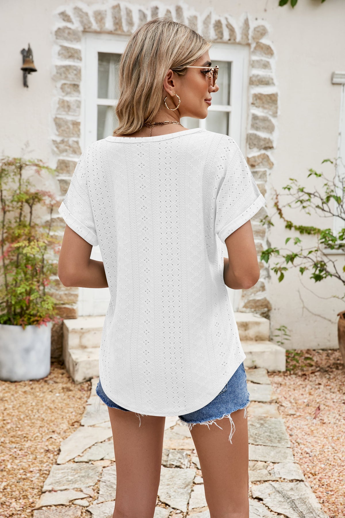 Full Size Round Neck Eyelet Short Sleeve Top (12)