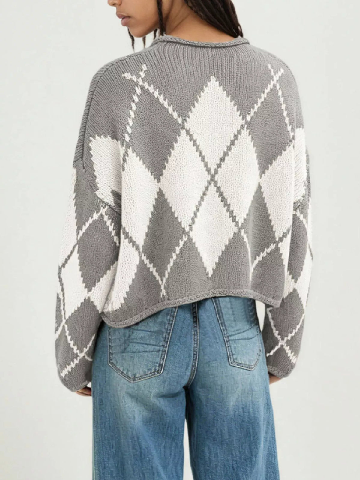 Argyle Pattern Knit Dropped Shoulder Sweater (10)