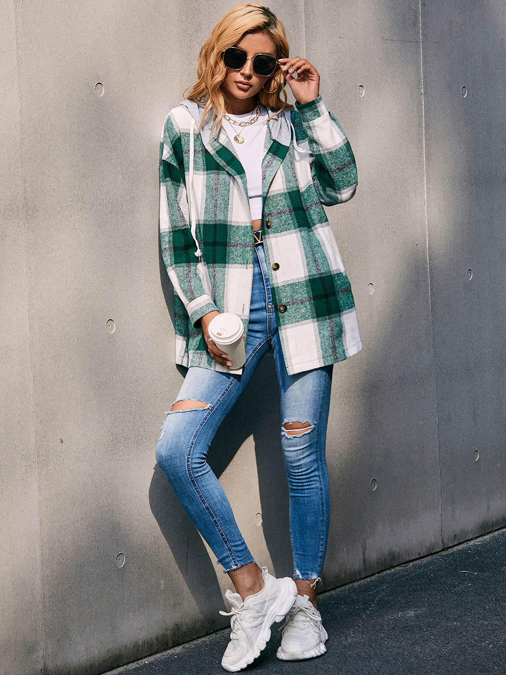 Plaid Dropped Shoulder Hooded Jacket (10)