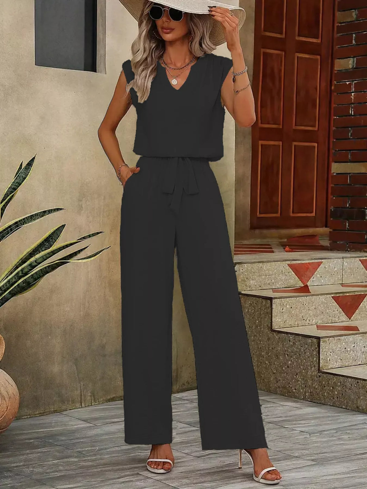 V-neck Sleeveless Tank Wide-leg Pants Set (6)