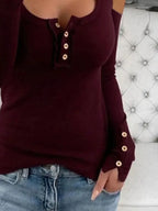 Cold Shoulder Ribbed Henley T-shirt Button Detail (14)