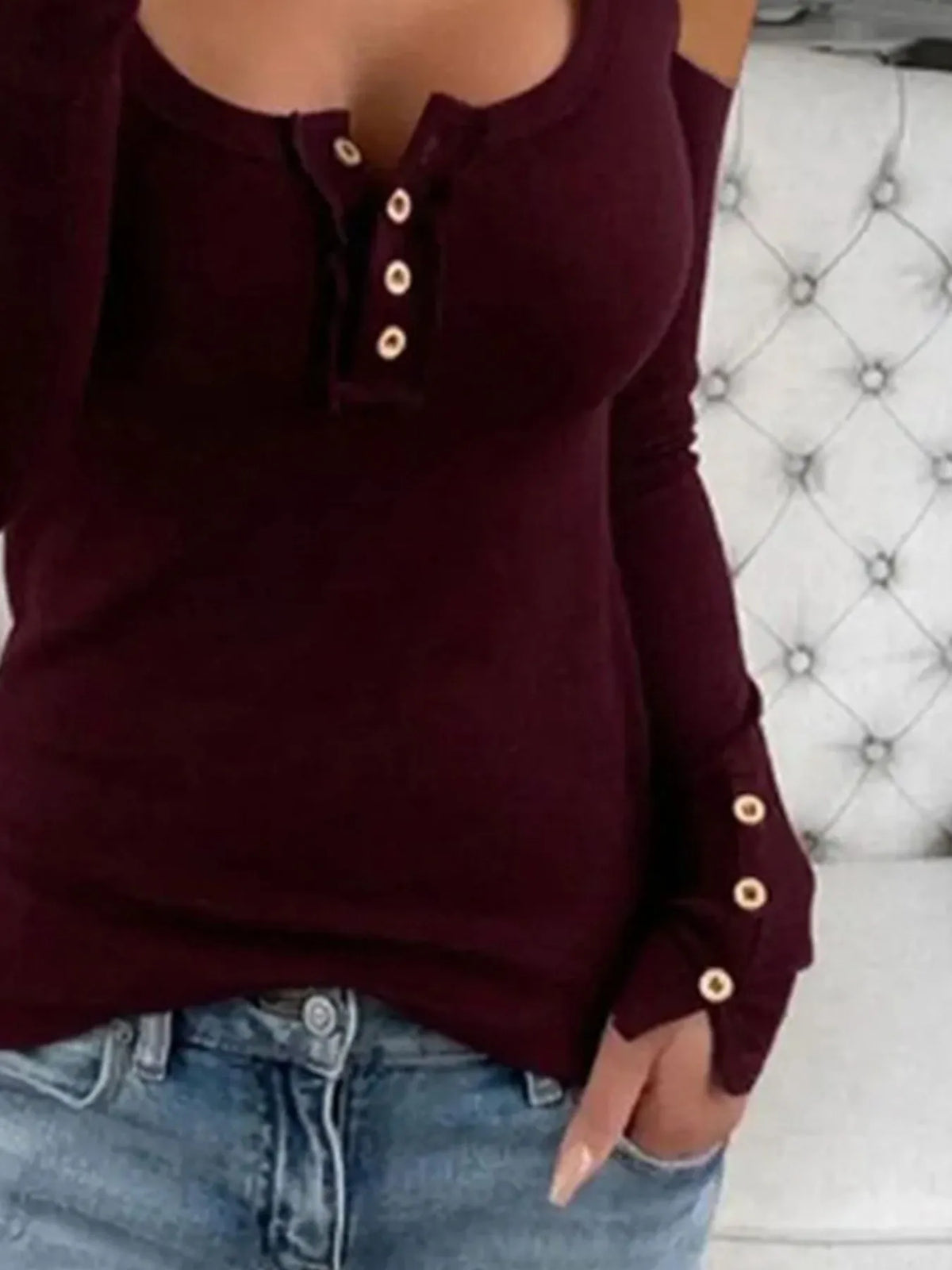 Cold Shoulder Ribbed Henley T-shirt Button Detail (14)