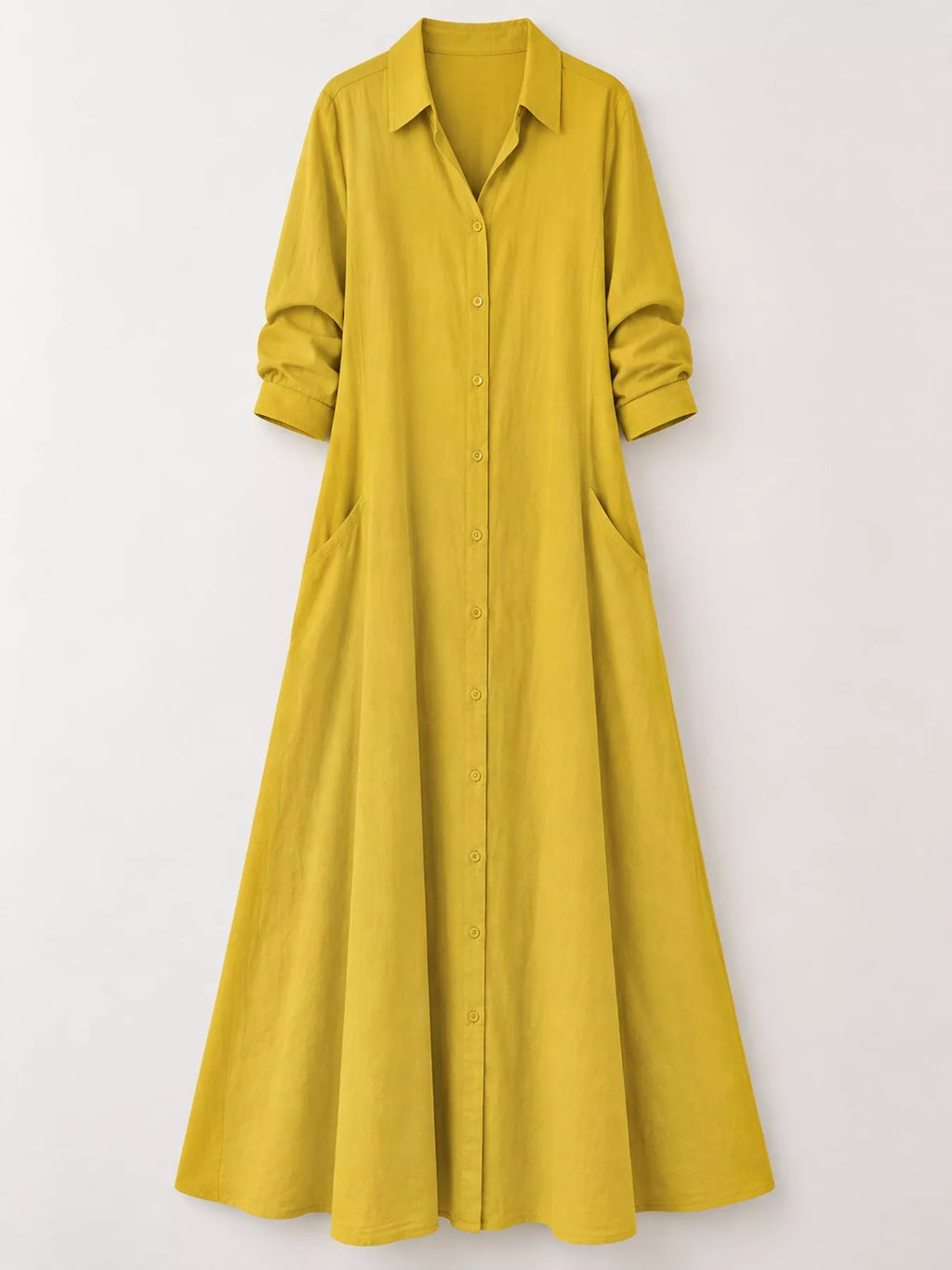 Full Size Button Front Long Sleeve Maxi Shirt Dress Plus (46)