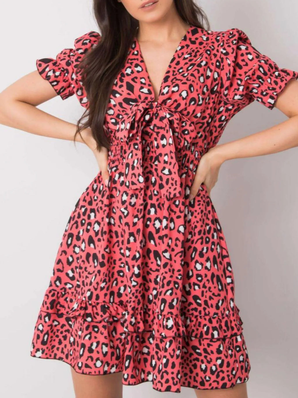 Leopard Print Tie Front Short Sleeve Mini Dress (3)