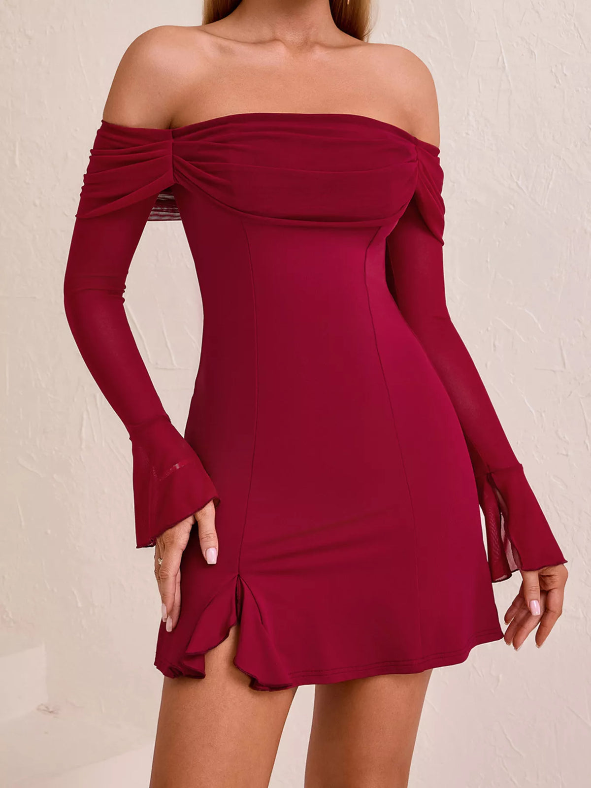 Off-shoulder Long Sleeve Mini Dress (5)