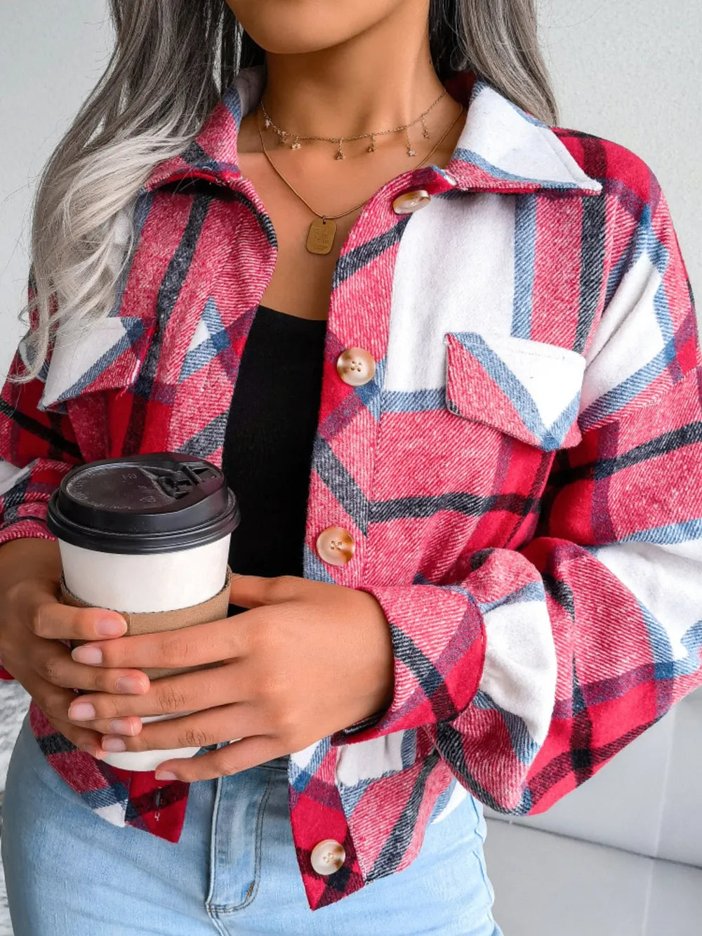 Plaid Collared Neck Long Sleeve Jacket (20)