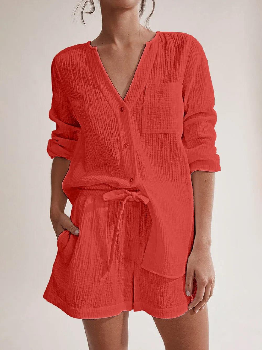 Notched Long Sleeve Top Shorts Set (13)