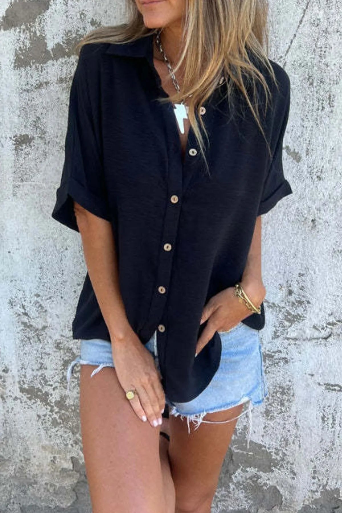 Full Size Casual Button Down Short Sleeve Loose Shirt Plus (6)