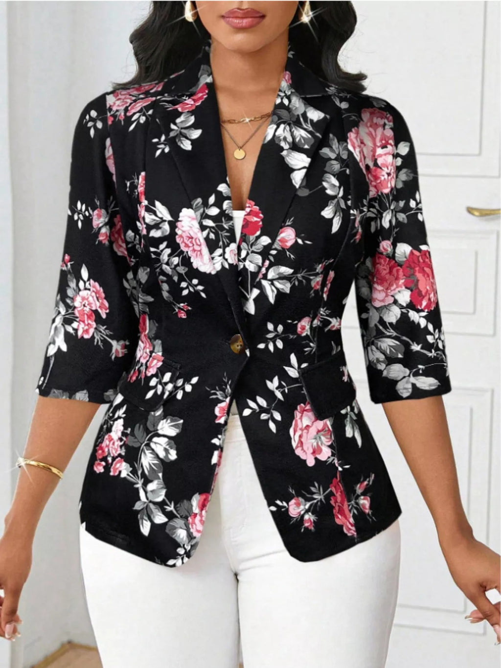 Floral Print One Button Casual Blazer (3)