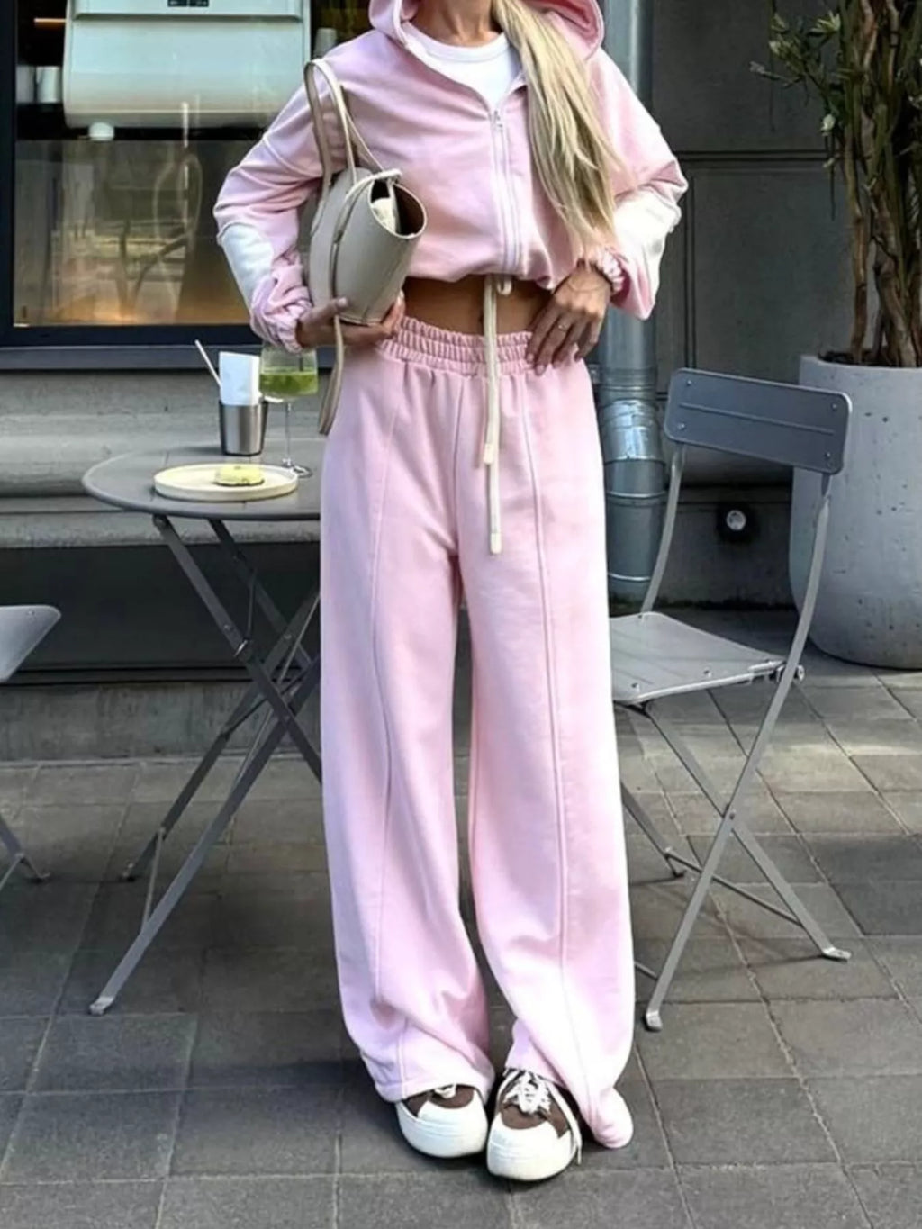 Zip Up Hoodie Wide-leg Pants Set (25)