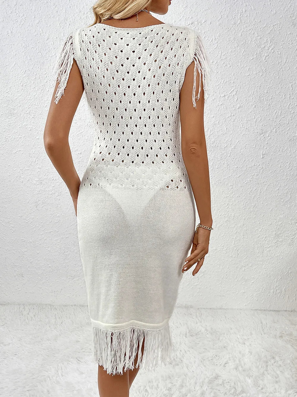 Fringe Openwork Boat Neck Knit Dress (16)