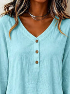V-neck Long Sleeve Button Detail Ruffled Hem Blouse (11)