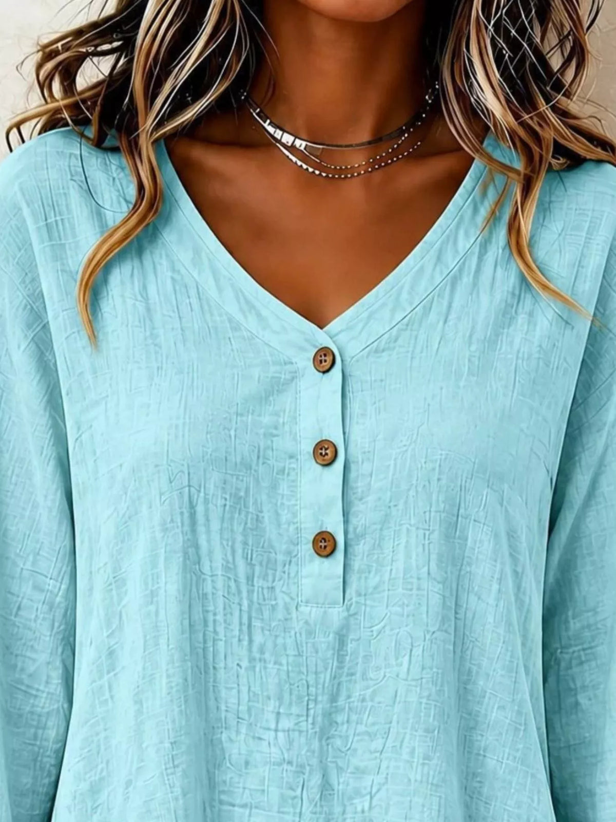 V-neck Long Sleeve Button Detail Ruffled Hem Blouse (11)