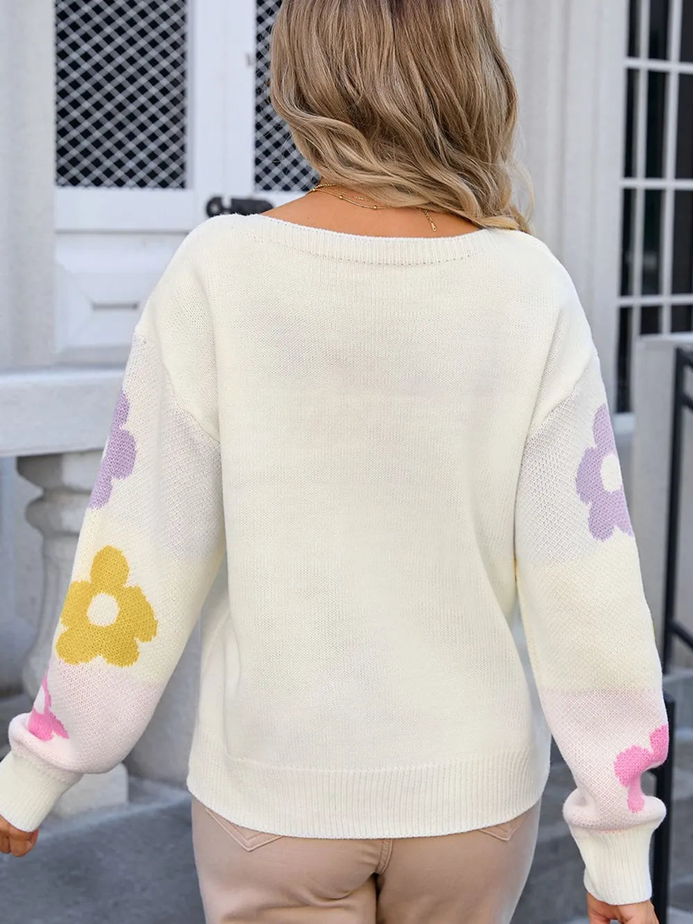Flower Round Neck Dropped Shoulder Sweater (3)