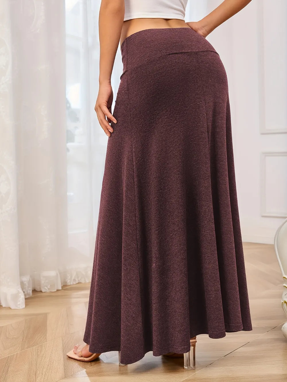 Solid Elastic Waist Maxi Skirt (5)