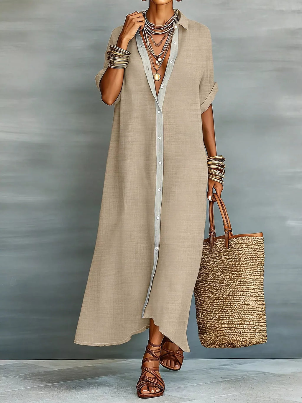Casual Linen Shirt Dress Button-down Front (3)