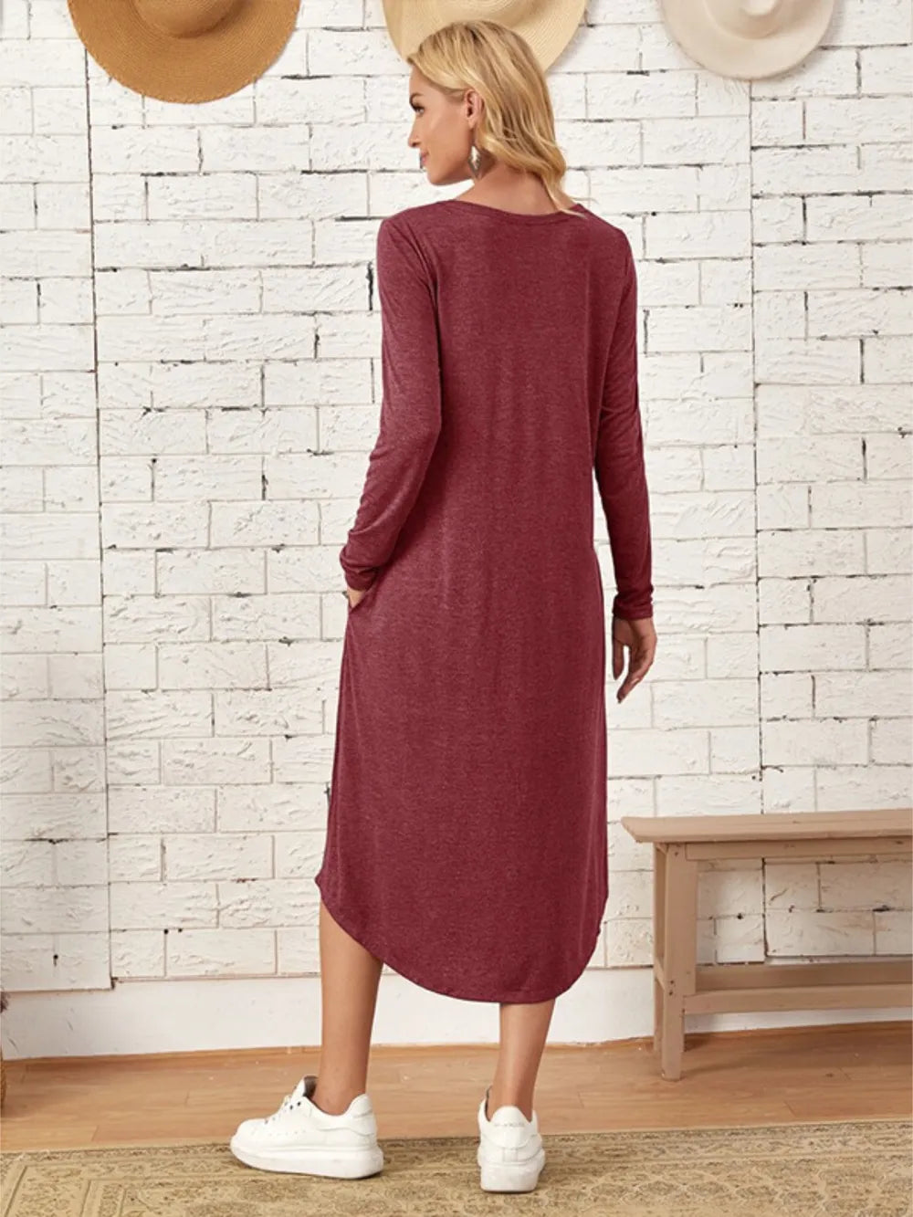 Pocketed Round Neck Long Sleeve Tee Dress (3)