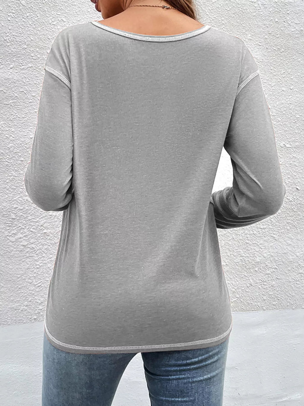 Casual Long Sleeve Exposed Seam T-shirt Decor Button (17)