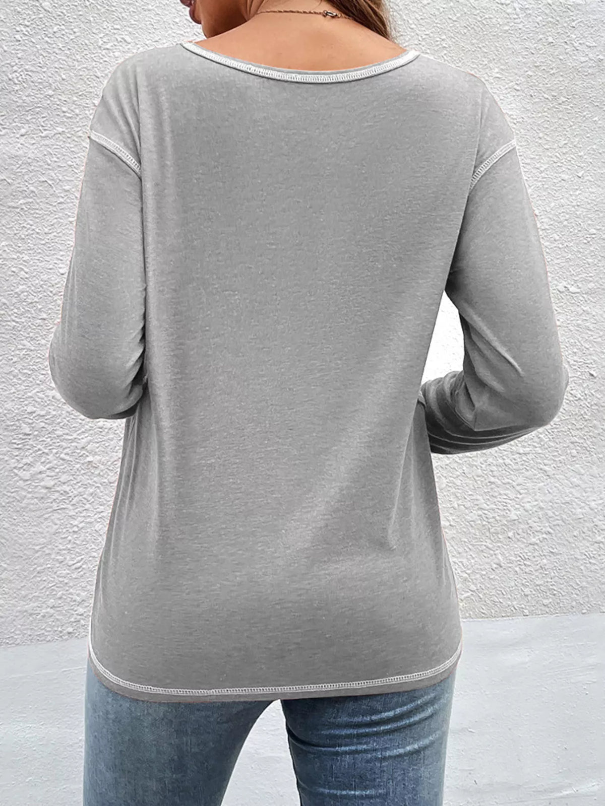 Casual Long Sleeve Exposed Seam T-shirt Decor Button (17)