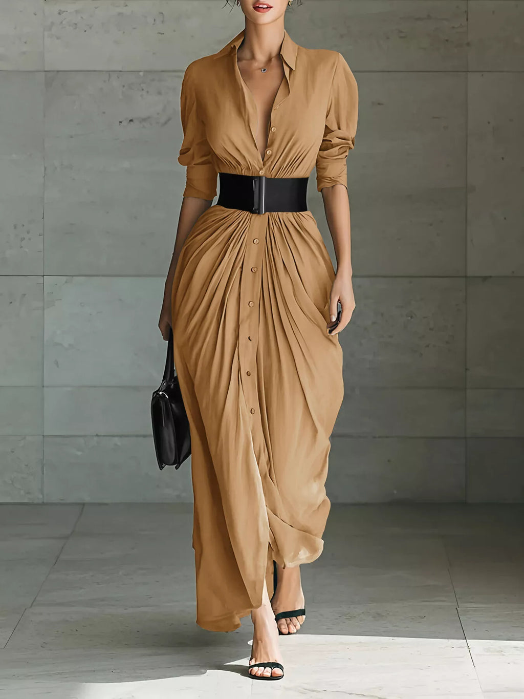 Full Size Button Front Ruched Shirt Maxi Dress Plus