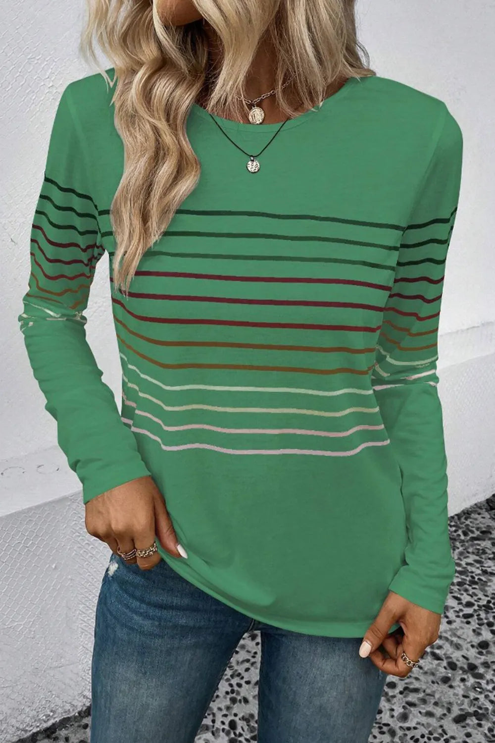 Striped Round Neck Long Sleeve T-shirt (9)