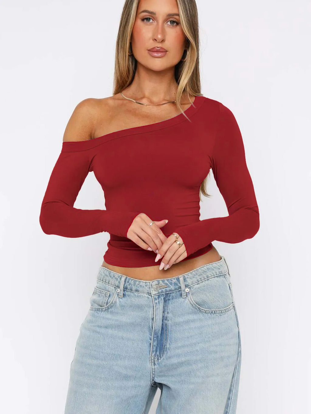 One Shoulder Long Sleeve Crop T-shirt (10)