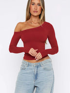 One Shoulder Long Sleeve Crop T-shirt (10)