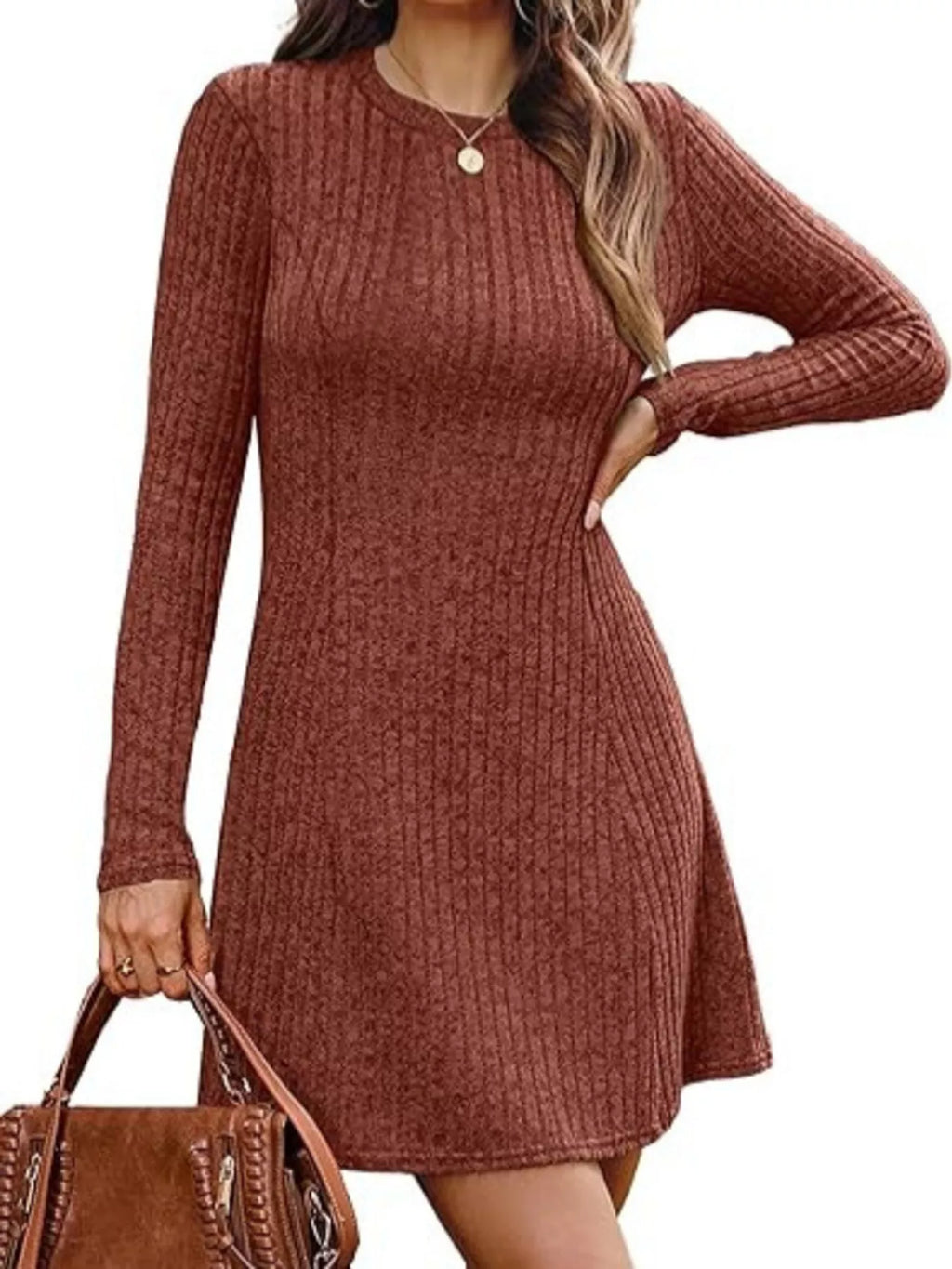 Ribbed Knit Long Sleeve A-line Dress (3)
