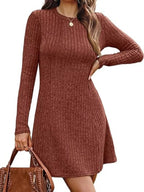 Ribbed Knit Long Sleeve A-line Dress (3)
