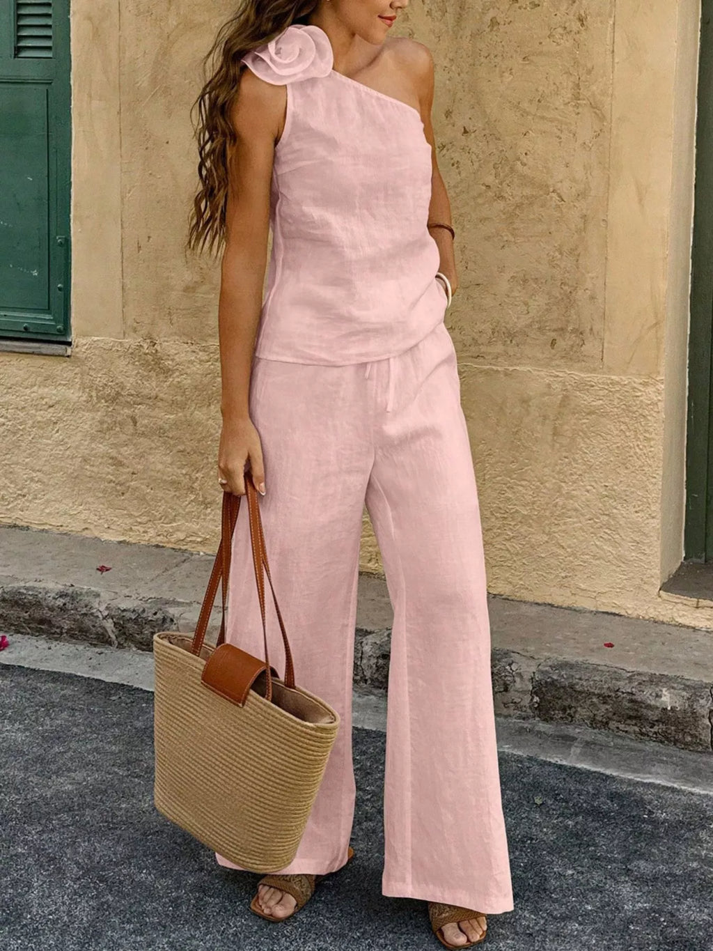 One-shoulder Floral Embellished Top Pants Set (19)