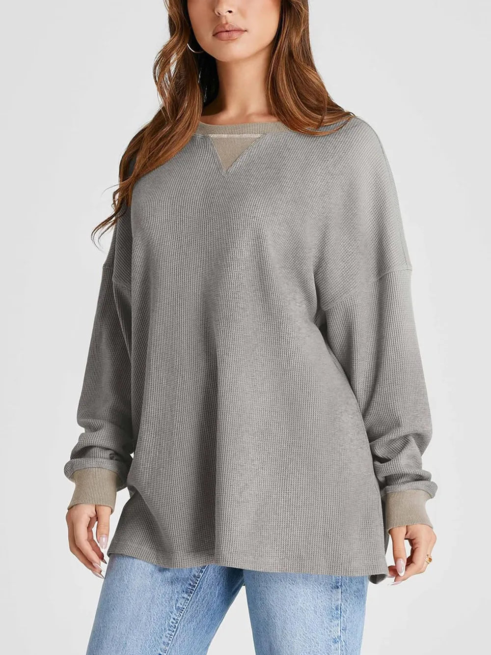 Waffle Knit Round Neck Long Sleeve T-shirt (2)