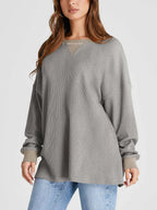 Waffle Knit Round Neck Long Sleeve T-shirt (2)