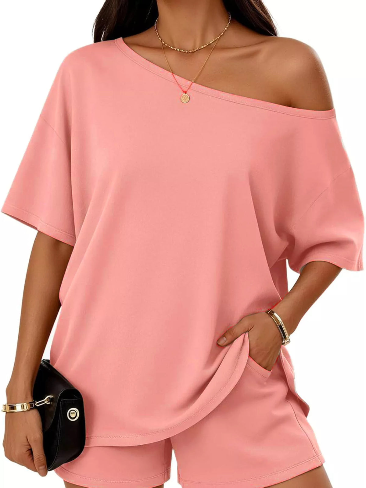 Full Size One Shoulder Top Shorts Set Plus (30)