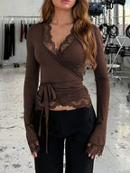 Lace-trimmed Long Sleeve Wrap T-shirt (2)