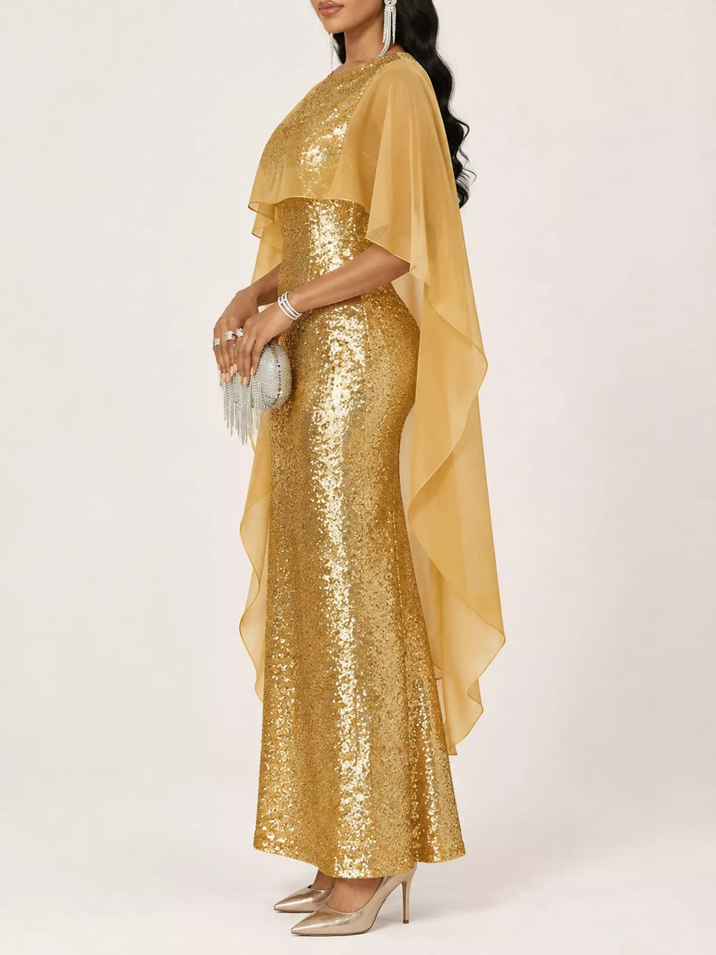 Sequin Cape Overlay Evening Dress (20)