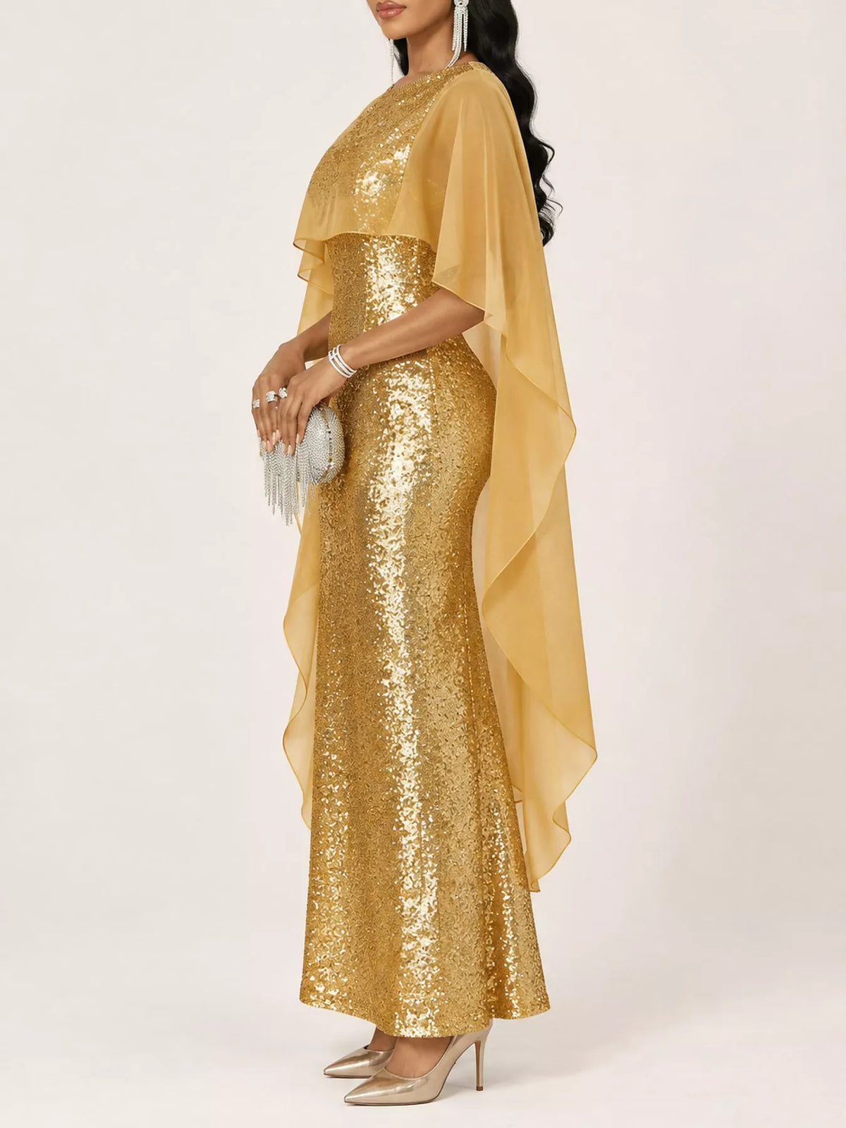 Sequin Cape Overlay Evening Dress (20)