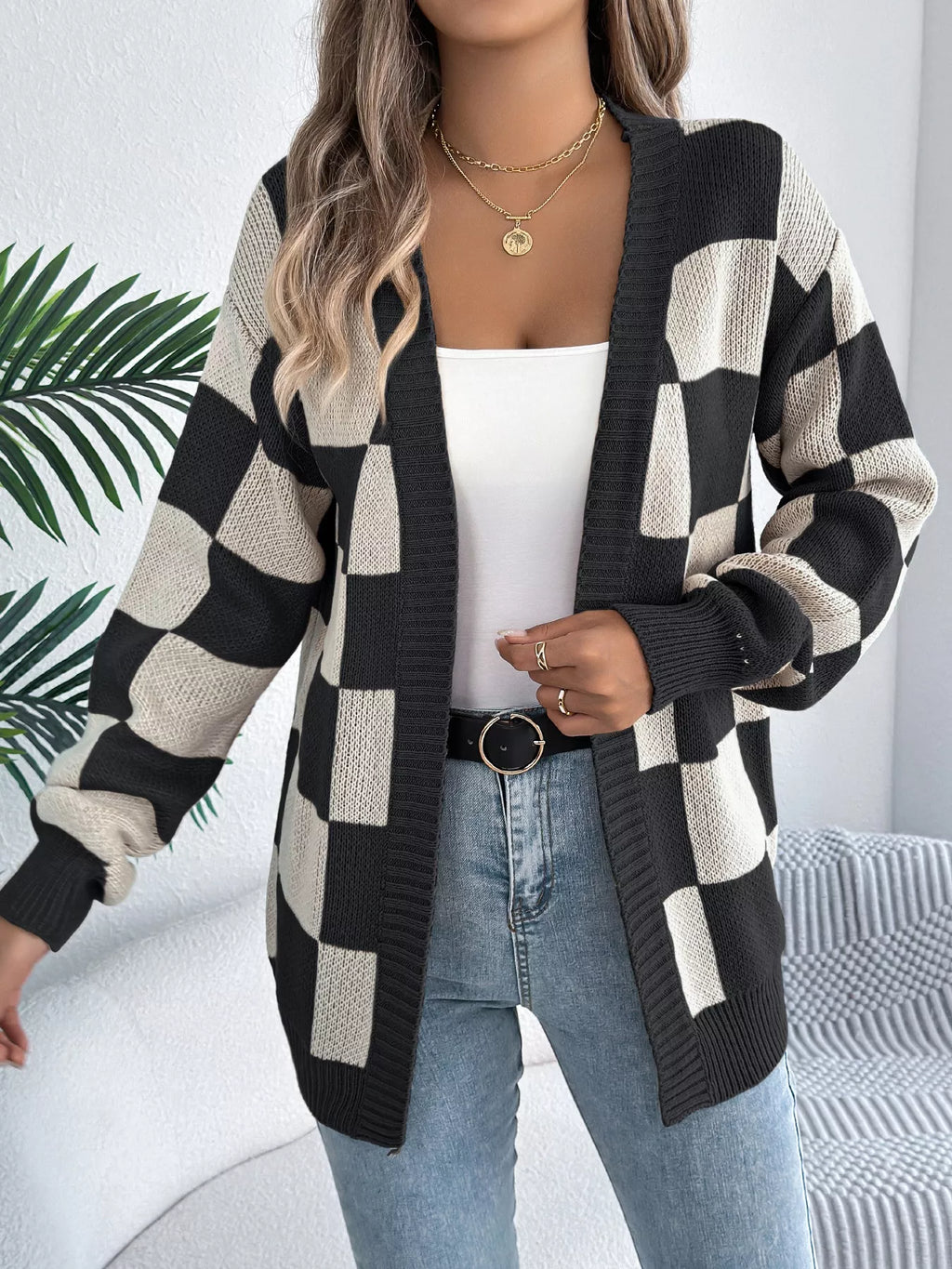 Checkered Pattern Open Front Cardigan (8)