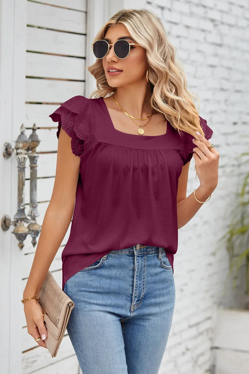 Eyelet Square Neck Cap Sleeve Blouse (21)