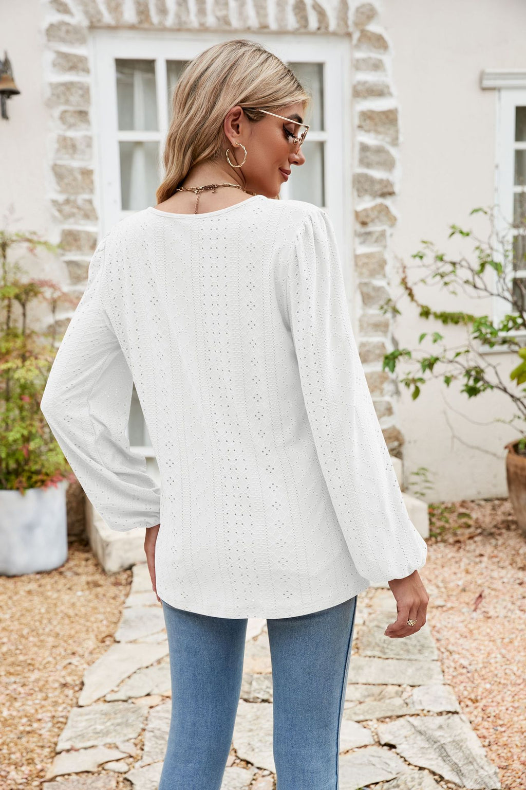 Eyelet Notched Neck Balloon Sleeve Blouse (21)