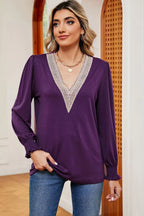 Lace Detail V-neck Lantern Sleeve T-shirt (16)