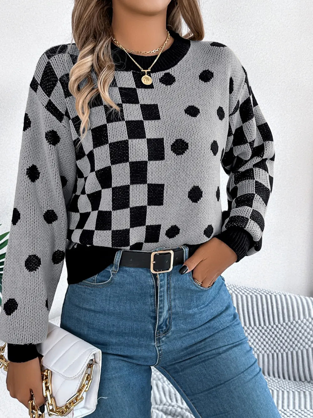 Plaid Round Neck Long Sleeve Sweater (6)
