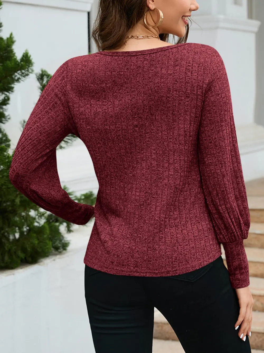 Ribbed Round Neck Lantern Sleeve Knit Top (12)