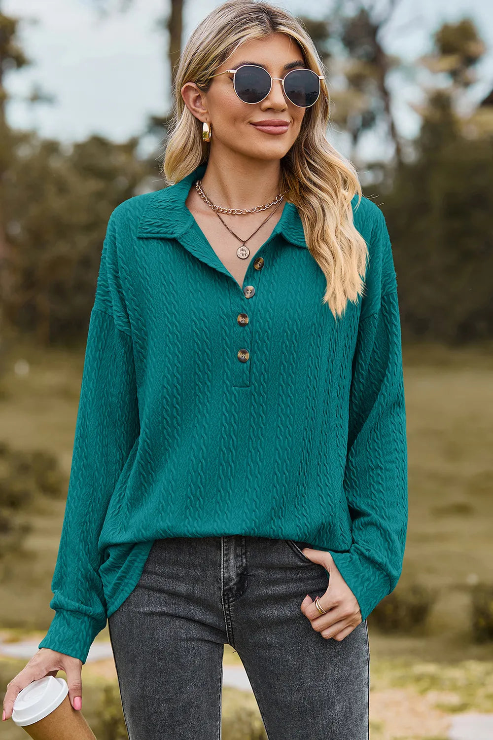 Half Button Dropped Shoulder Blouse (8)
