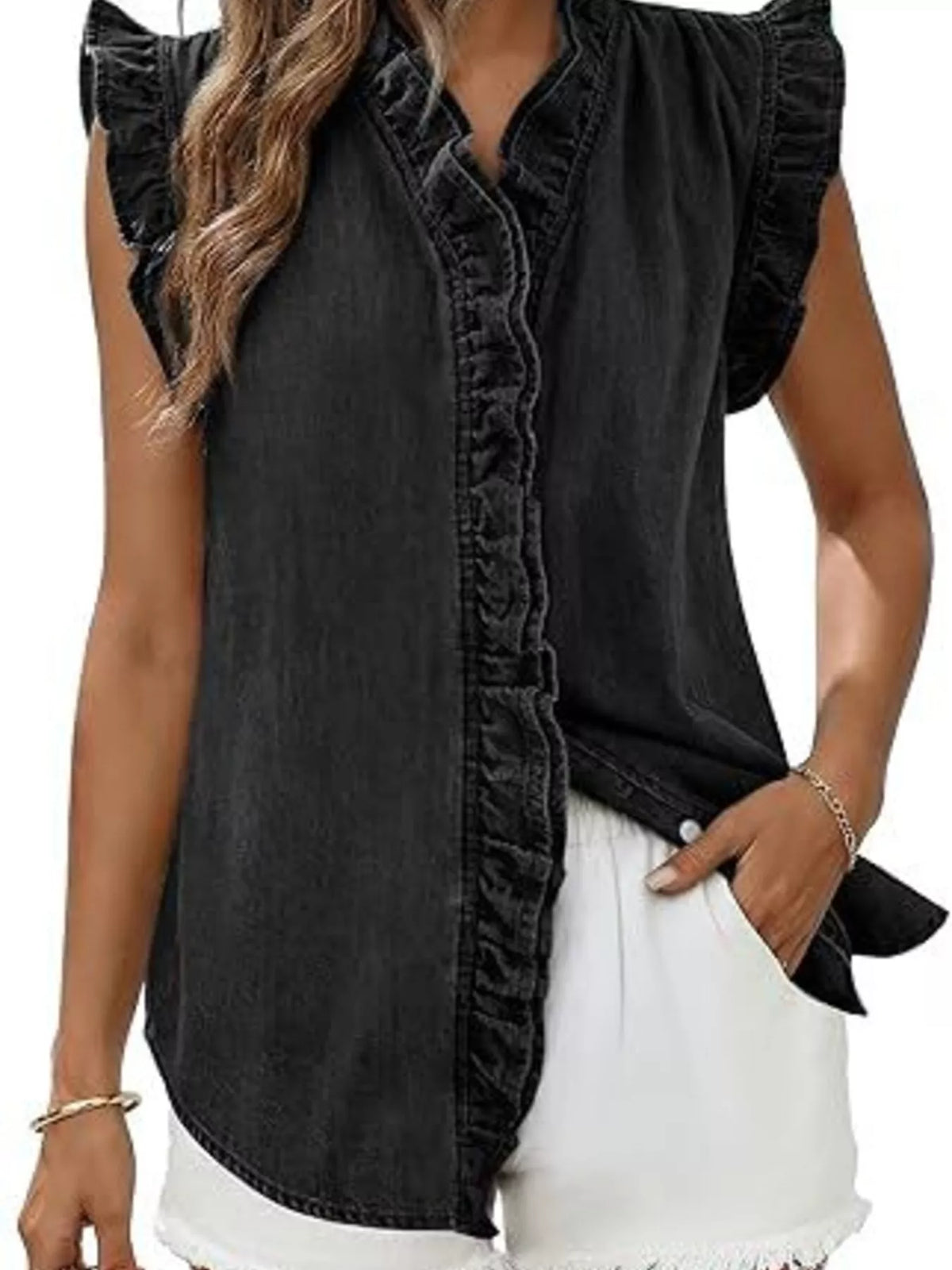 Ruffle Trim V-neck Sleeveless Denim Top (5)