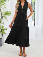 Sleeveless Notched Tiered Midi Dress (2)