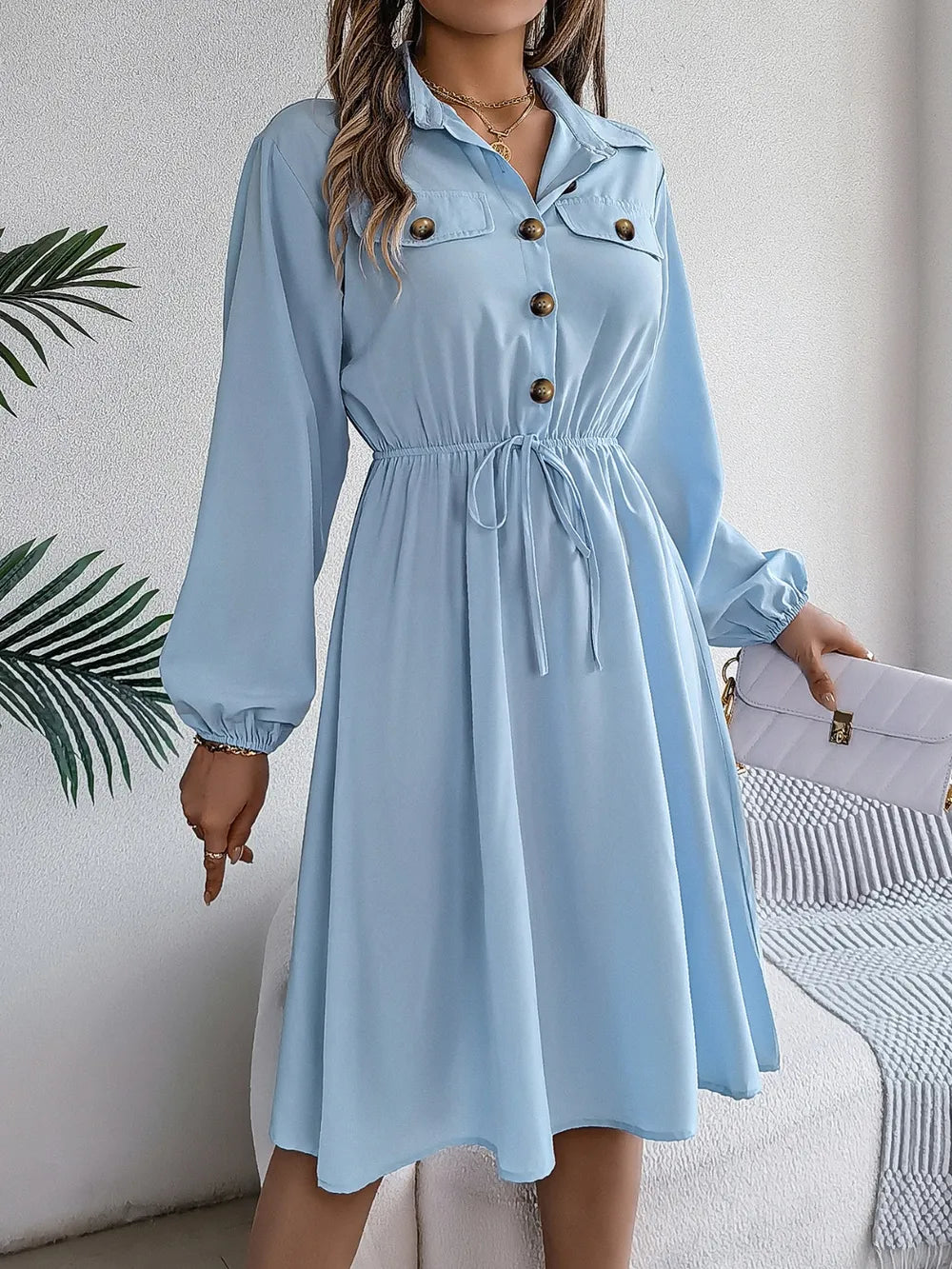 Collared Neck Long Sleeve Dress Pockets (4)