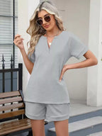 Solid Color Short Sleeve Top Shorts Two-piece Set (29)