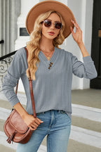 Decorative Button V-neck Long Sleeve T-shirt (11)
