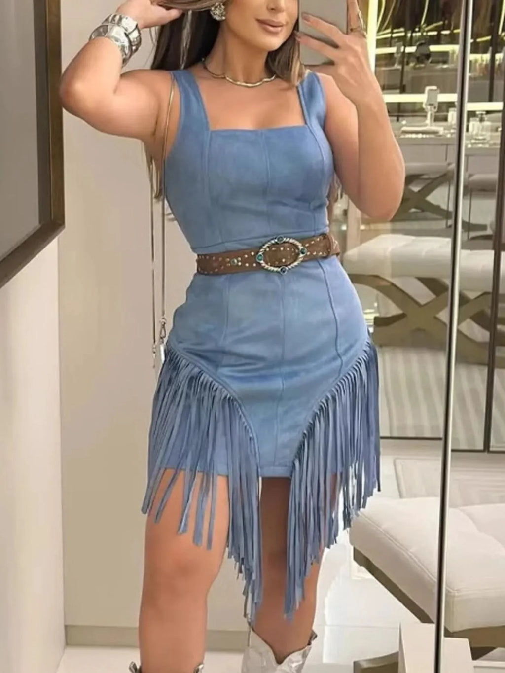 Fringe Square Neck Bodycon Mini Dress (2)